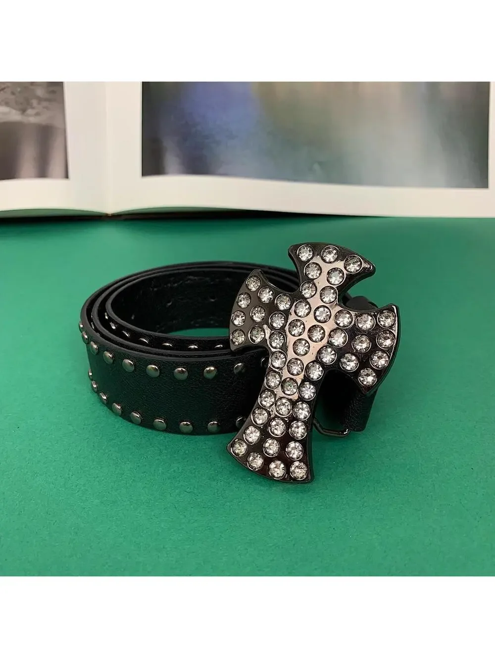 Vintage Y2K style Gothic Rhine stone studded belt buckle. 38.5 inches fits a
